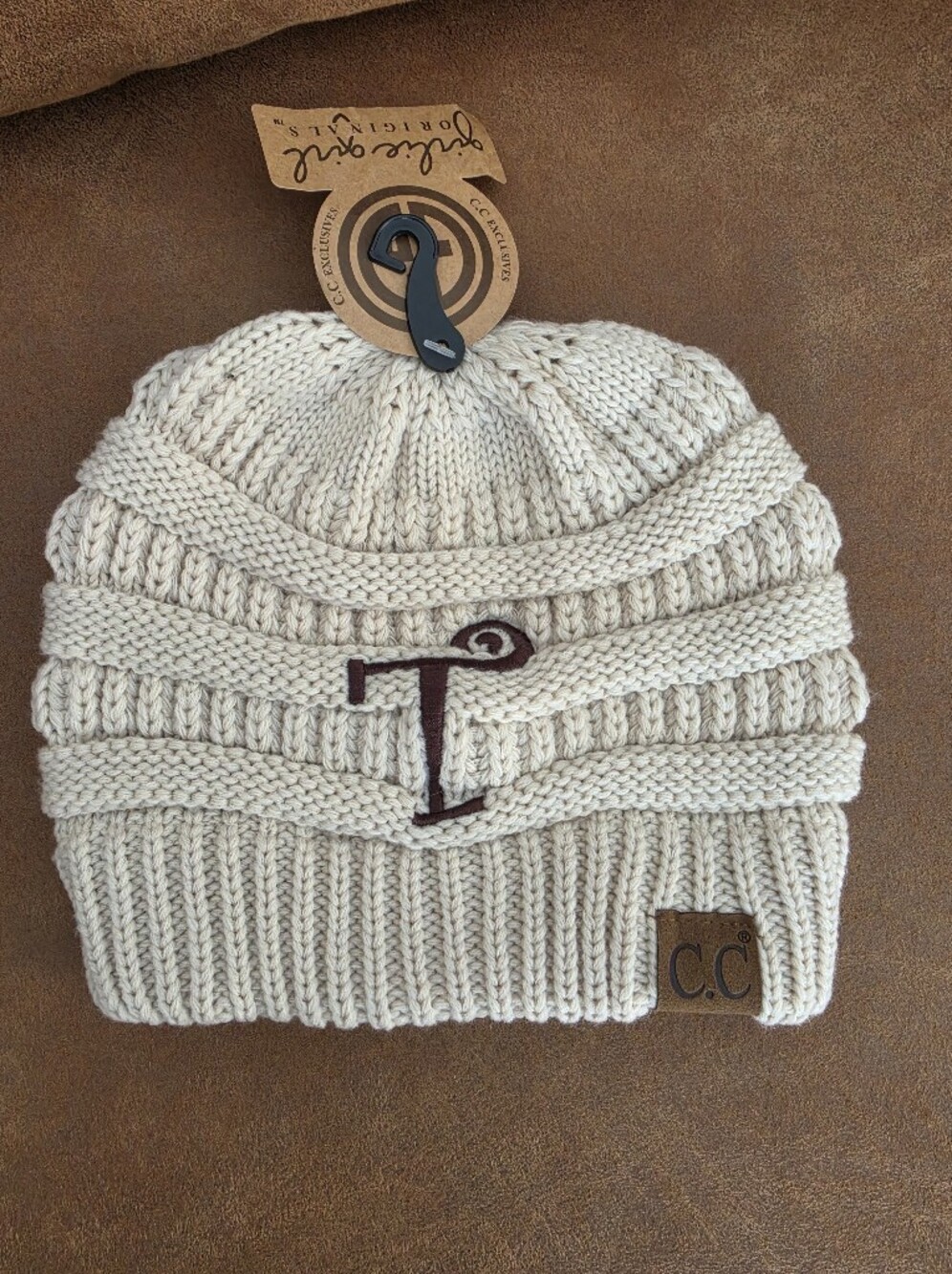 C.C Cream Knit Beanie with Maroon Initial T